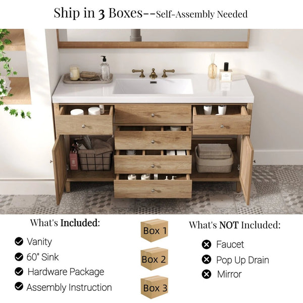 English Elm 60" Boutique Bathroom Vanity Rattan Doors Soft Close Drawers Smc Sink Pine Legs Natural Wood N817P397678N