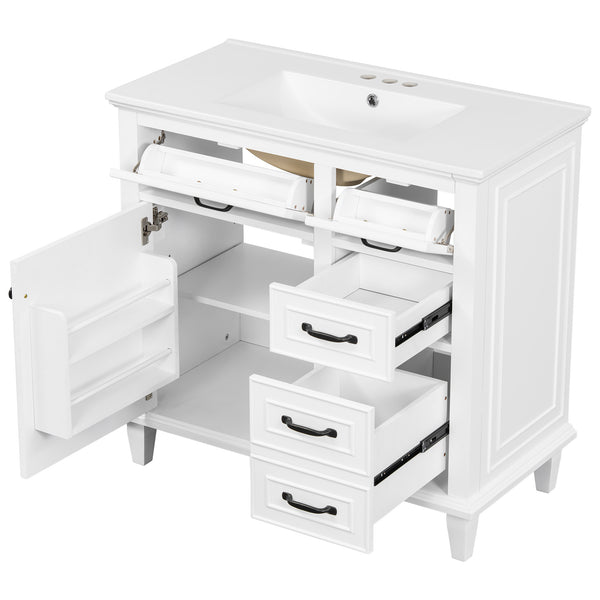 English Elm 36 Inch Bathroom Vanity - Modern Ceramic Sink, Solid Wood Frame, Adjustable Storage & Soft-Close Doors N725P336554K