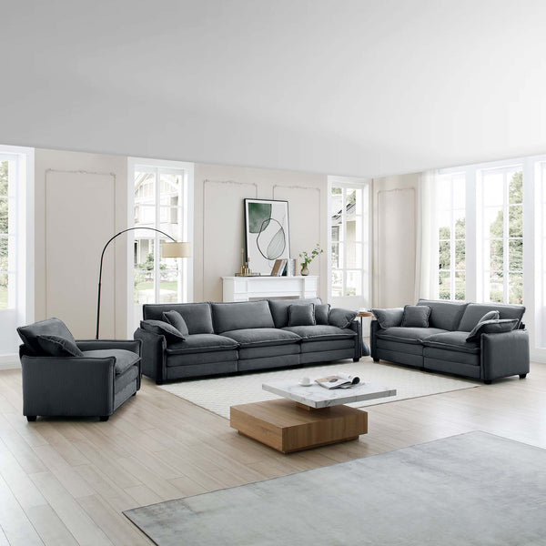 English Elm 3 Piece Comfortable Oversized Sectional Sofa Set – Plush Grey Corduroy With Memory Foam Cushions W714S00747