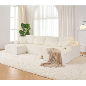English Elm U-shaped Corduroy Cloud Sectional Sofa with Pocket Springs and Modular Living Room Seating Beige W3366S00004