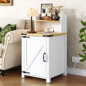 English Elm OKD Farmhouse Nightstand with Built-In Charging Station, Barn Door Accent, Adjustable Storage Shelf and Sturdy Frame White W1550P311284