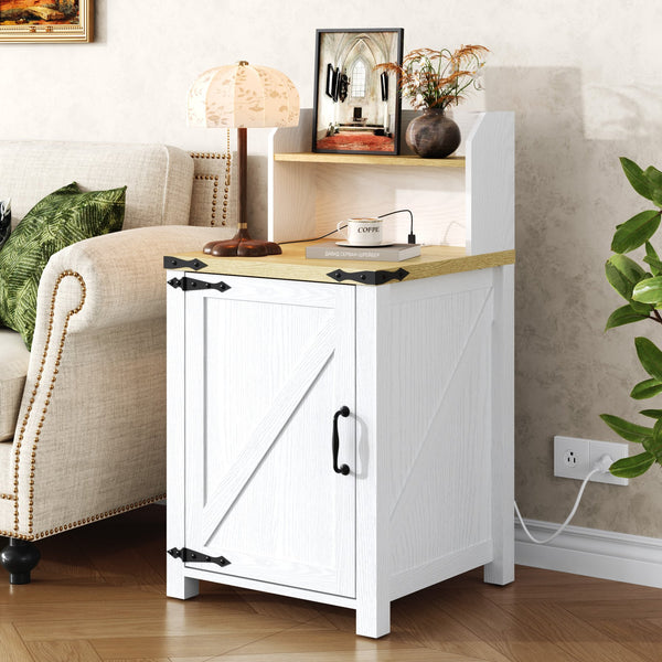 English Elm OKD Farmhouse Nightstand with Built-In Charging Station, Barn Door Accent, Adjustable Storage Shelf and Sturdy Frame White W1550P311284