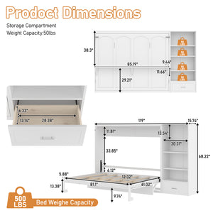 English Elm Queen Murphy Bed with Built-In Shelves, Height-Adjustable Storage & Drawer for Small Spaces White 71.6 L x 21.5 W x 6.1 H N733S309223K