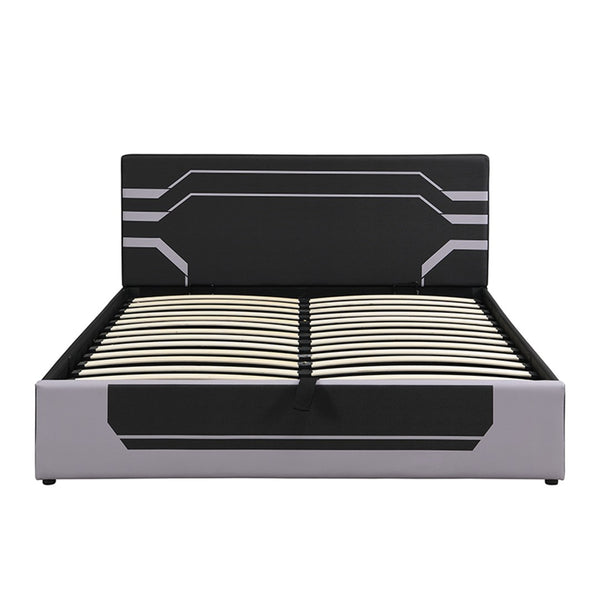 English Elm Modern Cyberpunk Queen Platform Bed Hydraulic Storage Pu Upholstered Gaming Frame Black+ Gray SF000205AAE