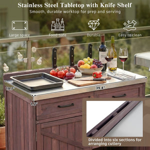 English Elm K&k Outdoor Prep Station Stainless Steel Top Fir Wood Cabinet with Drawer and Wheels Dark Brown N707P370273Z