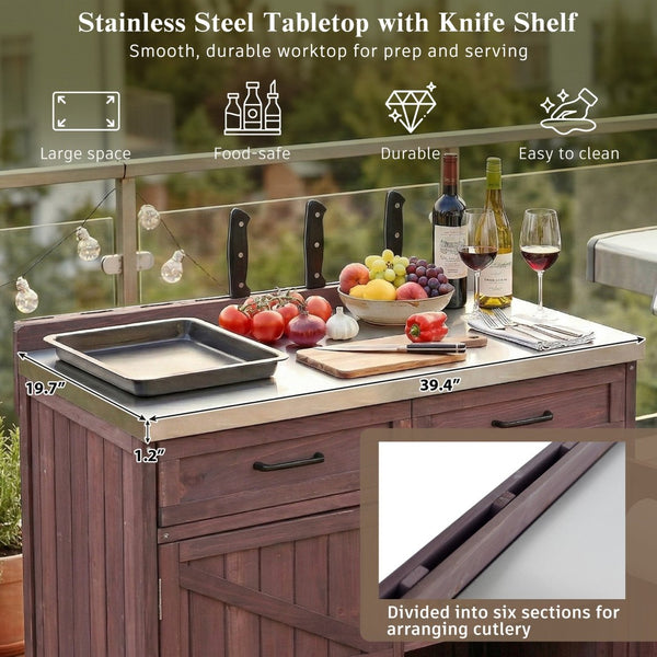 English Elm K&k Outdoor Prep Station Stainless Steel Top Fir Wood Cabinet with Drawer and Wheels Dark Brown N707P370273Z