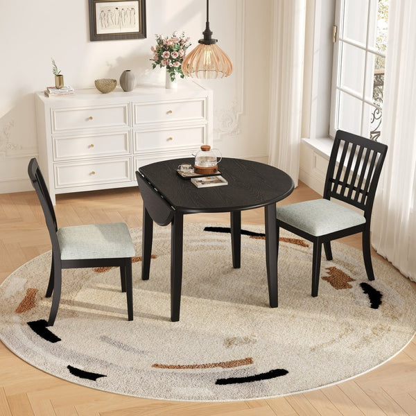 English Elm 3-piece Folding Round Dining Set with Upholstered Chairs for Compact Apartment Spaces Black N752S000618B