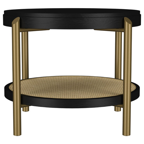 English Elm Benson Round Coffee and End Table Set with Brass Legs Rattan Shelf Accent B062S01404