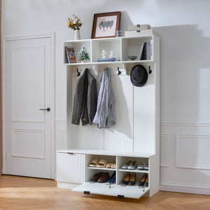 English Elm 49.6 Inch Farmhouse Hall Tree with Bench Shoe Cabinet Hooks and Open Shelving W3871S00001
