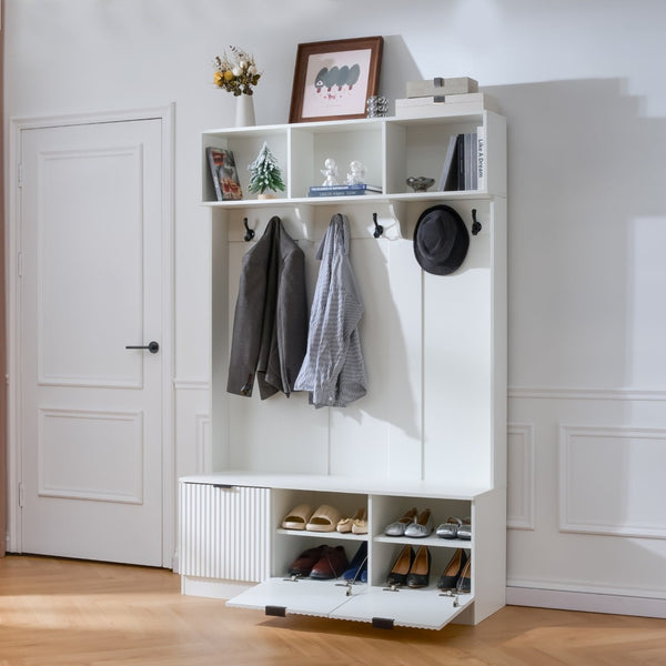 English Elm 49.6 Inch Farmhouse Hall Tree with Bench Shoe Cabinet Hooks and Open Shelving W3871S00001