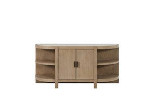 English Elm Curved Taupe+Natural 2-Door Console Table with Marble Top, Toffee Wood Finish, Open Shelves, Storage B2699P323083