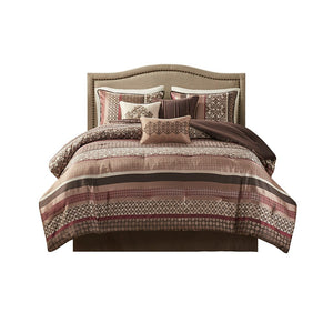 English Elm 7 Piece Comforter Set - Elegant Princeton Collection In Warm Red & Brown, Soft Jacquard Fabric B03597165