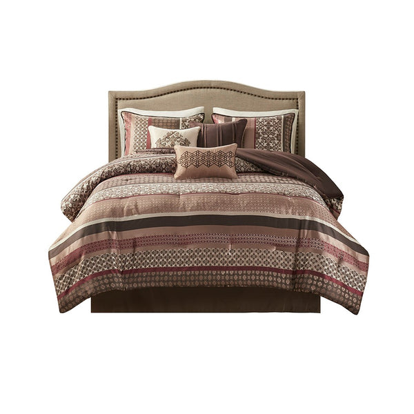 English Elm 7 Piece Comforter Set - Elegant Princeton Collection In Warm Red & Brown, Soft Jacquard Fabric B03597165