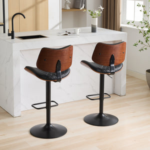 English Elm Walnut Mid-Century Bentwood Swivel Bar Stool — Ergonomic Faux Leather Seat, Wide Stable Base Black PU W1143P173514