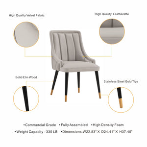 English Elm Eda Solid Wood Upholstered Dining Chair with Velvet & Leatherette, Gold-Tip Legs, 330lb Capacity LIGHT GREY B365P397702