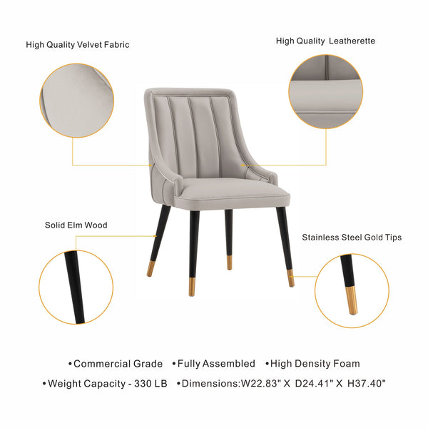 English Elm Eda Solid Wood Upholstered Dining Chair with Velvet & Leatherette, Gold-Tip Legs, 330lb Capacity LIGHT GREY B365P397702