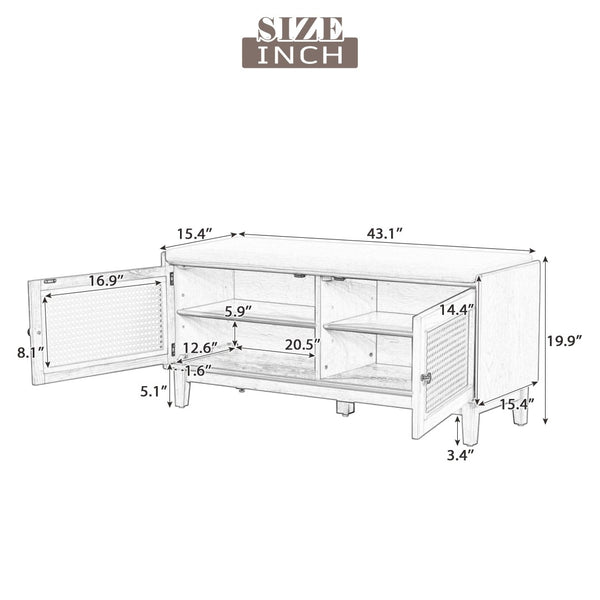 English Elm Trexm Bohemian Rattan Storage Bench Cushioned Seat Shoe Cabinet for Entryway N715P308012D