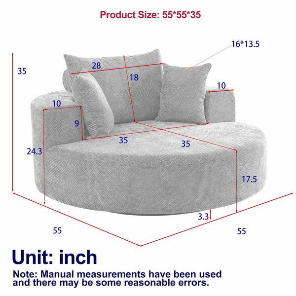 English Elm 55''L Chenille Foam Single Swivel Chair with Plush Backrest Pillow, 360° Smooth Recline for Living Room Lounge Comfort Black W834S00351