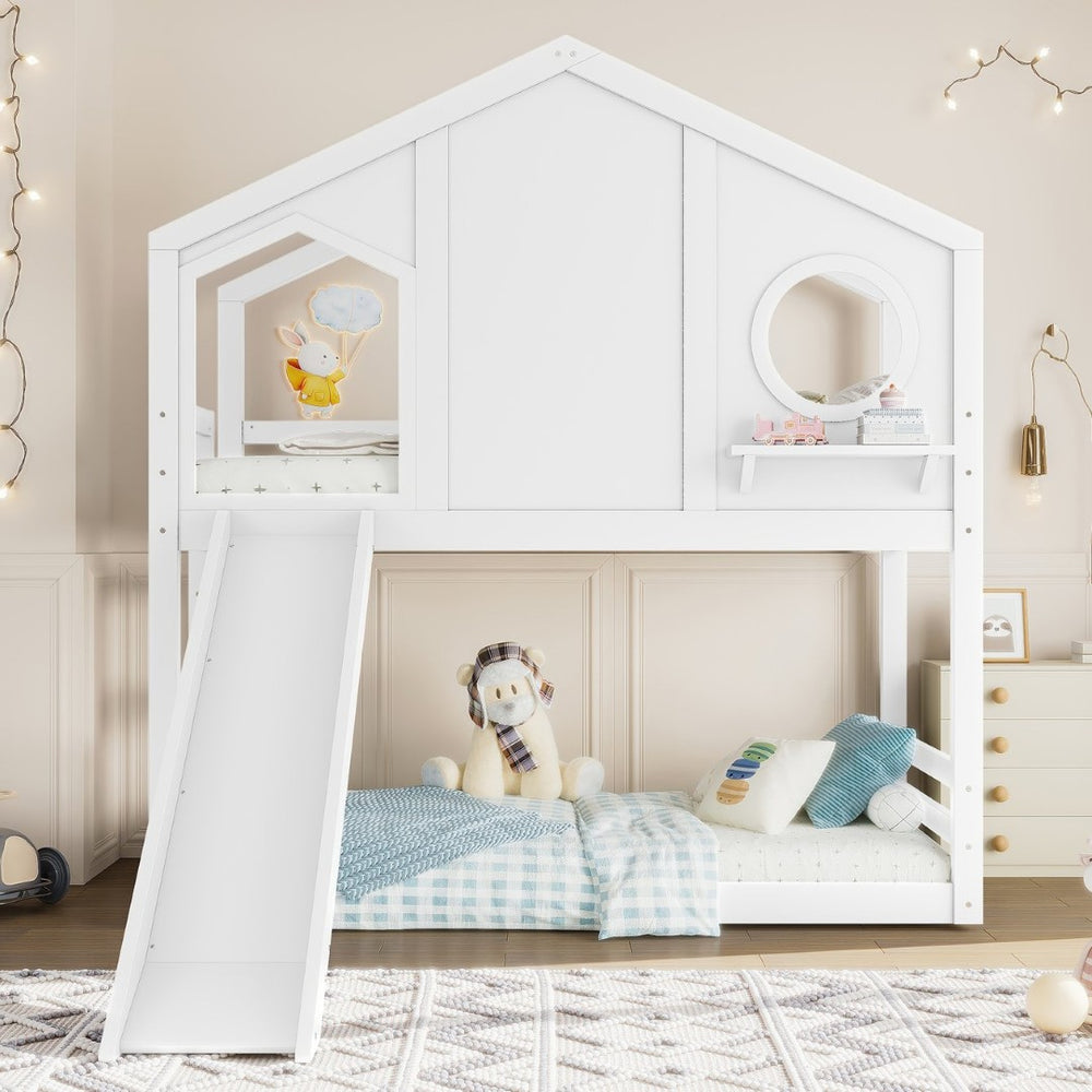 English Elm Full Bunk Bed with Trundle Bookshelf Storage Pine Frame Car Design for Kids Light White W1580S00464