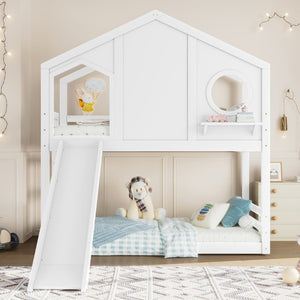 English Elm Full Bunk Bed with Trundle Bookshelf Storage Pine Frame Car Design for Kids Light White W1580S00464