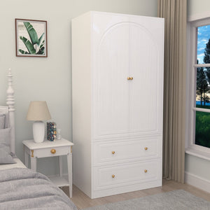 English Elm Armoire Wardrobe with Soft Close Doors Two Drawers Mdf Wood Bedroom Storage White T3773P416712