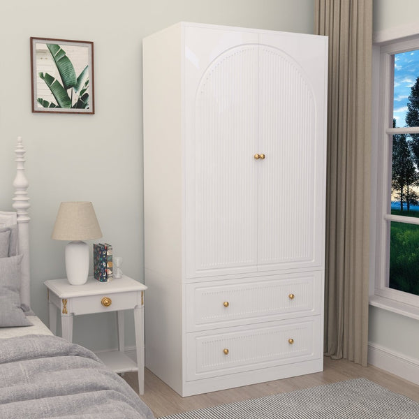 English Elm Armoire Wardrobe with Soft Close Doors Two Drawers Mdf Wood Bedroom Storage White T3773P416712