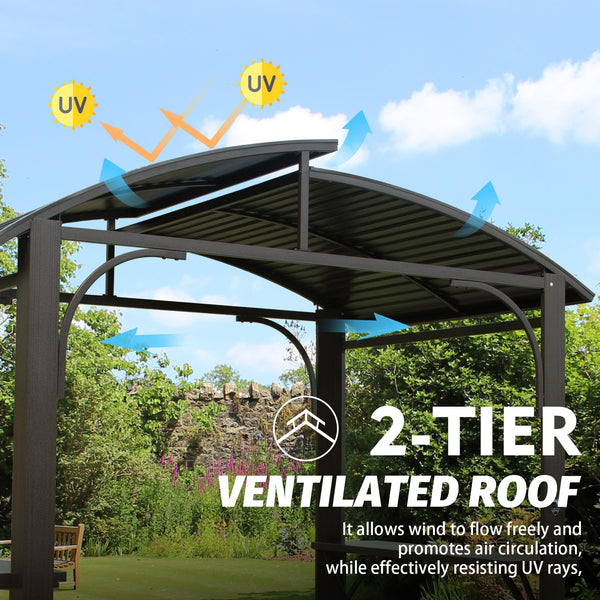 English Elm 8x5FT Arc Roof Grill Canopy with Double Galvanized Steel Roof, Sturdy Frame, Side Shelves, Bottle Opener Brown W1859S00075