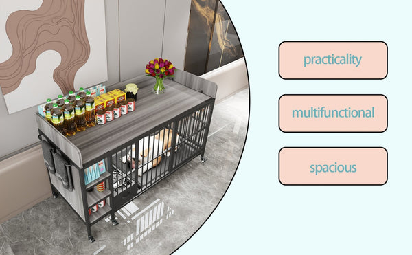 English Elm Large Iron Mdf Pet Enclosure with Storage Cabinet Rolling Casters and Steel Feeding Basins W3064P245385