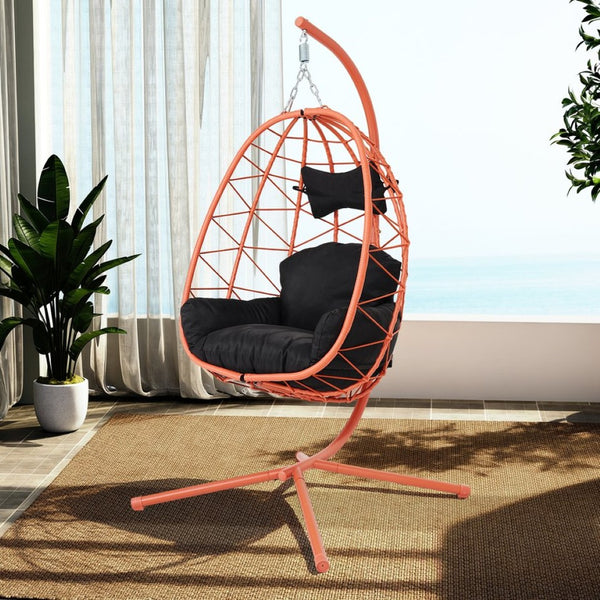 English Elm Hanging Egg Chair Wicker Swing with Stand Ergonomic Cradle for Patio or Bedroom T5880P497580