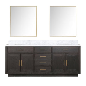 English Elm Brown Oak Double Bath Vanity With Carrara Marble Top, Soft-Close Drawers & 2 Frameless Mirrors B2731S01543