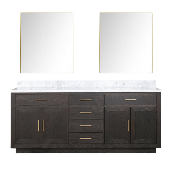 English Elm Brown Oak Double Bath Vanity With Carrara Marble Top, Soft-Close Drawers & 2 Frameless Mirrors B2731S01543
