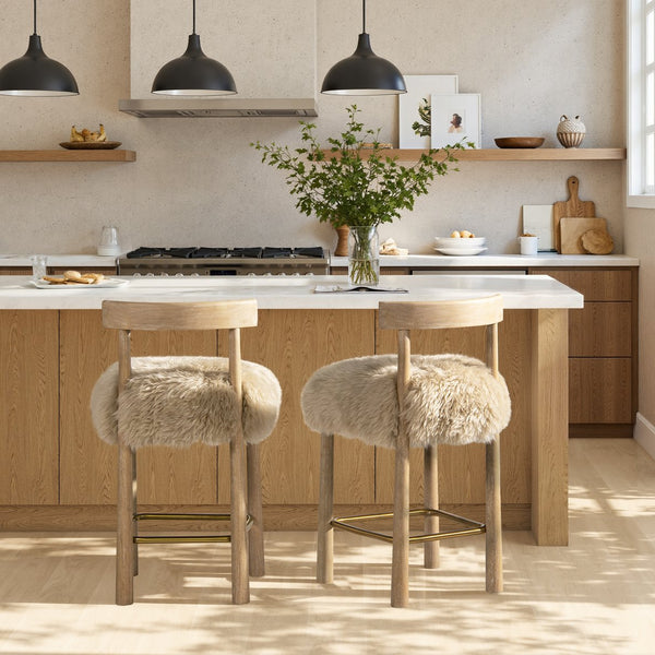 English Elm Jennifer Taylor Home - Arden 27.5" Genuine Fur Counter Height Bar Stool Natural Blonde - Sheepskin, Wood, Brass Footrest B2719P321040