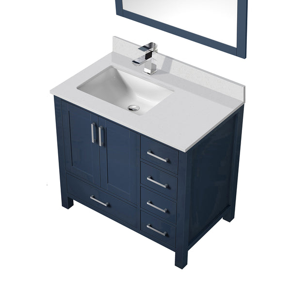 English Elm Navy Blue Bath Vanity Set With White Quartz Top, Chrome Faucet, And Stylish 34-Inch Mirror Included B2731S01270