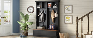 English Elm Rattan Door Hall Tree Bench with 6 Hooks Farmhouse Entryway Storage Black + Dark Walnut N721S000076B