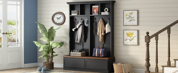 English Elm Rattan Door Hall Tree Bench with 6 Hooks Farmhouse Entryway Storage Black + Dark Walnut N721S000076B