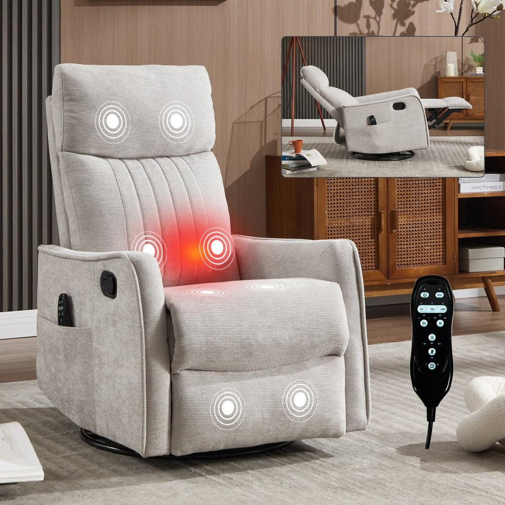 English Elm Blue Fabric Swivel Rocker Recliner with Massage Heat Nodes for Living Room Comfort Light Gray W1803P321838