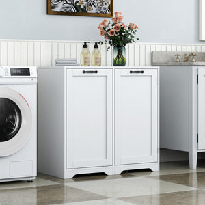 English Elm Laundry Cabinet with Tilt-Out Hamper, Adjustable Shelves & Doors, Freestanding White Storage Unit W331P280824