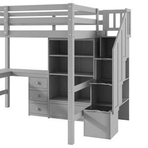 English Elm Full Full Size Loft Bed with L-Shaped Desk, Drawers, Cabinet and Staircase Storage for Space-Saving Rooms Gray GX000469AAE