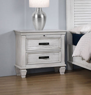 English Elm MDF Two-Drawer Nightstand with Pull-Out Tray, Cord Access, Distressed Antique White & Carved Legs B016P255544