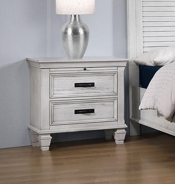 English Elm MDF Two-Drawer Nightstand with Pull-Out Tray, Cord Access, Distressed Antique White & Carved Legs B016P255544