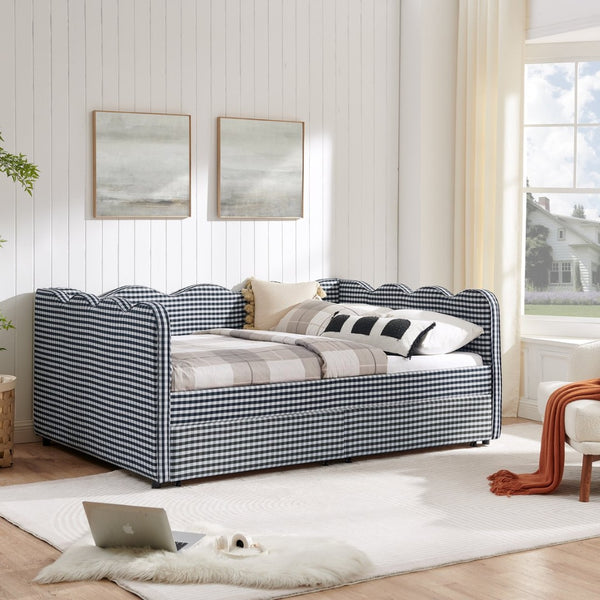 English Elm Full Size Gingham Linen Daybed with Wave Backrest Trundle and Usb Charging Port Navy Blue W1413S00148