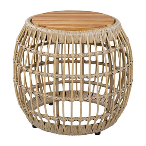 English Elm Acacia Wood Round Side Table Handwoven Rope Base Outdoor Coastal Boho Accent N770P380265B