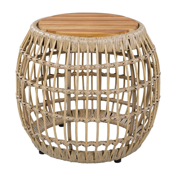 English Elm Acacia Wood Round Side Table Handwoven Rope Base Outdoor Coastal Boho Accent N770P380265B