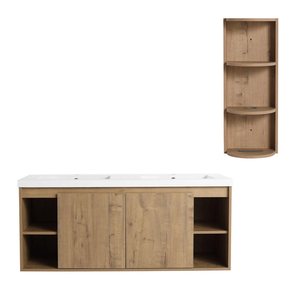 English Elm 48" Wall-Mounted Bathroom Vanity With Double Sink, Storage Rack & Soft Close Doors For Modern Spaces W999S00347