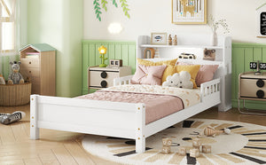 English Elm Twin Pine Wood Bed with Bookcase Headboard LED Motion Sensor Light Guardrails Ample Storage Space White W504P277596