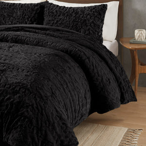 JLA Home Madison Park - Ruched Faux Fur Comforter Set with Hypoallergenic Down Alternative, OEKO‑TEX Certified Luxury Touch Black MP10-8213