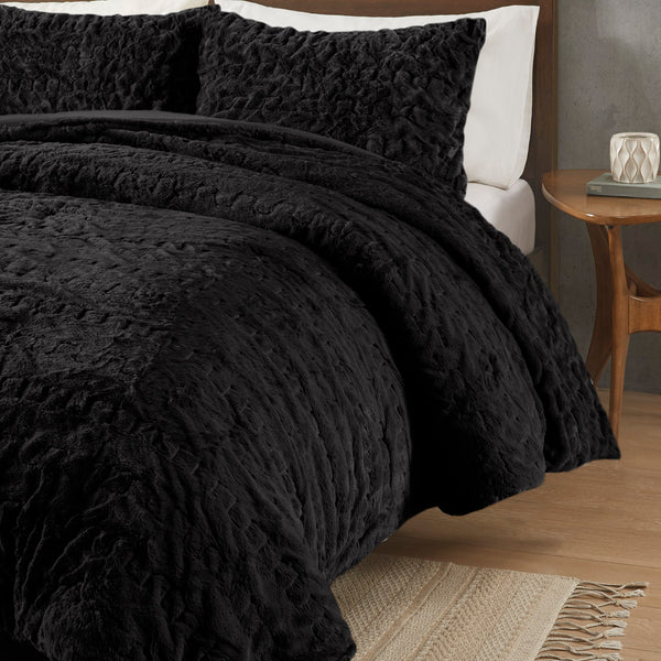 JLA Home Madison Park - Ruched Faux Fur Comforter Set with Hypoallergenic Down Alternative, OEKO‑TEX Certified Luxury Touch Black MP10-8213