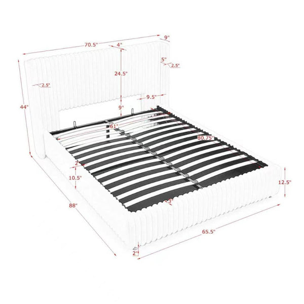 English Elm Queen Storage Bed Plush Ribbed Rabbit Fur Upholstery Gas Lift Platform Modern Luxury W1413S00181