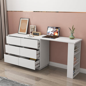 English Elm L-Shaped Adjustable Desk and Vanity Combo with 6 Drawers, Expandable Top, Triple Shelves for Office Makeup W331P286247