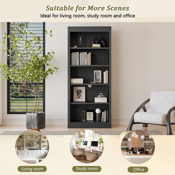 English Elm 83.4" Tall Wood Bookcase with LED Light Strip, 5-Tier Adjustable Shelves, Cable Hole, Modern Black Storage Organizer N751S246934B